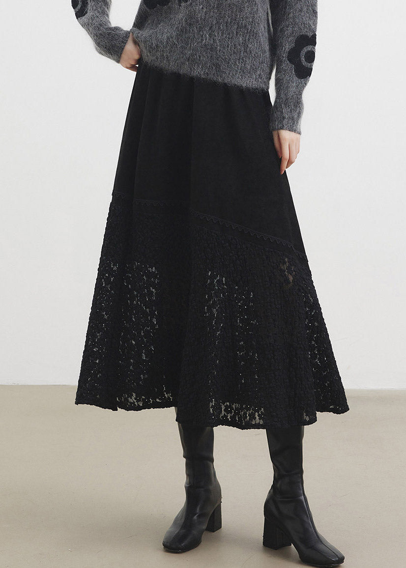 Black Elastic Waist Faux Suede Maxi Skirts