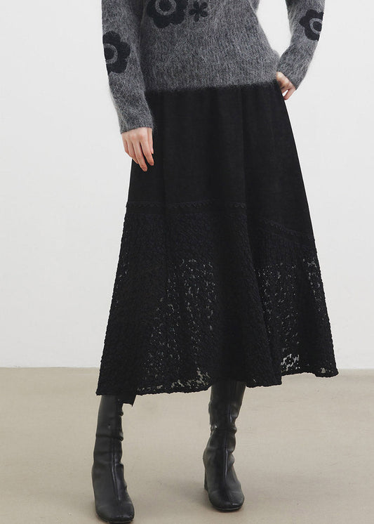Black Elastic Waist Faux Suede Maxi Skirts