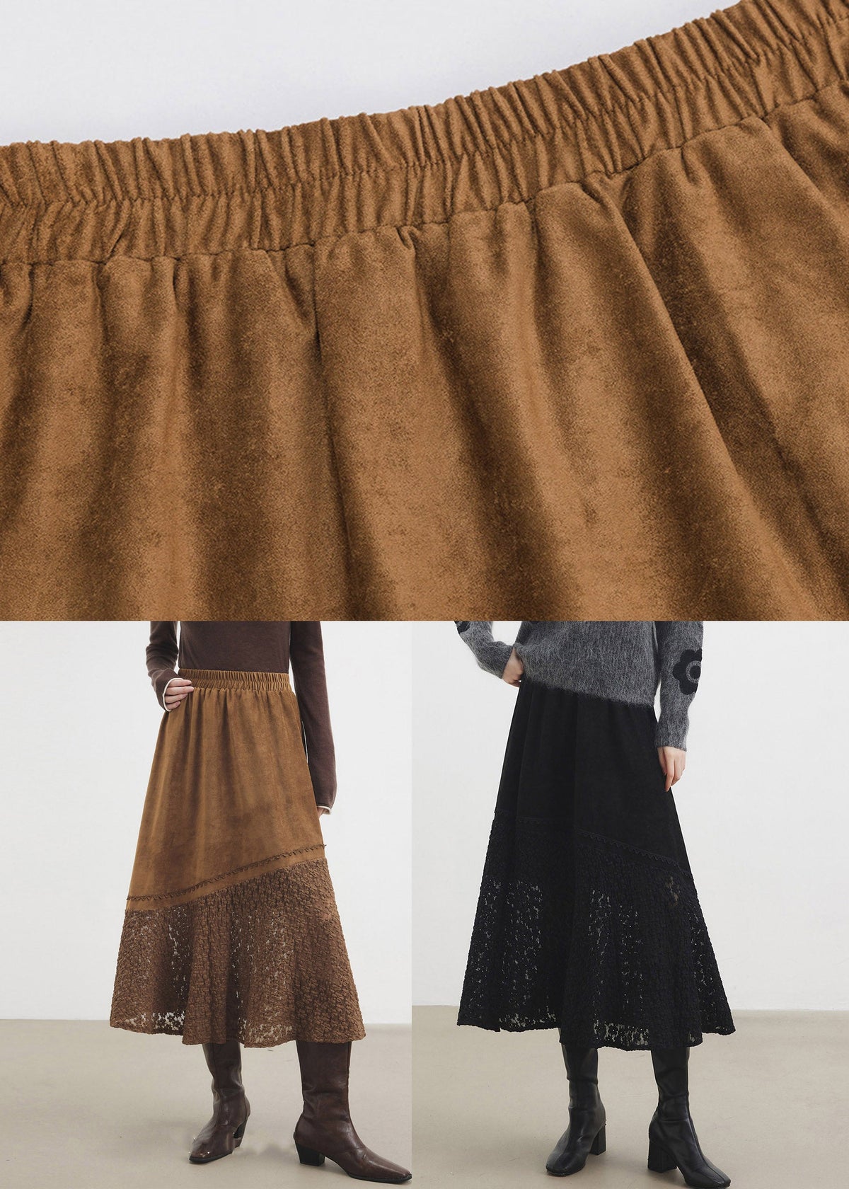 Black Elastic Waist Faux Suede Maxi Skirts