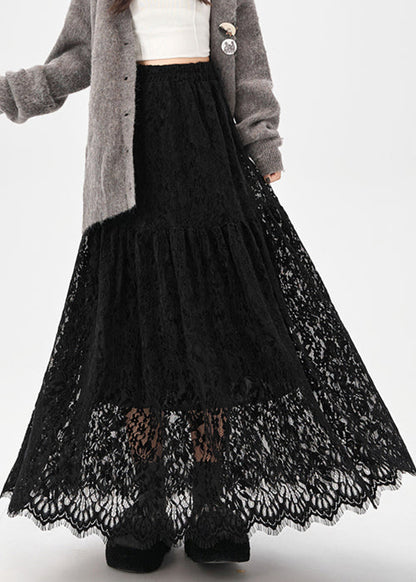 Black Elastic Waist Solid Lace Skirt Hollow Out