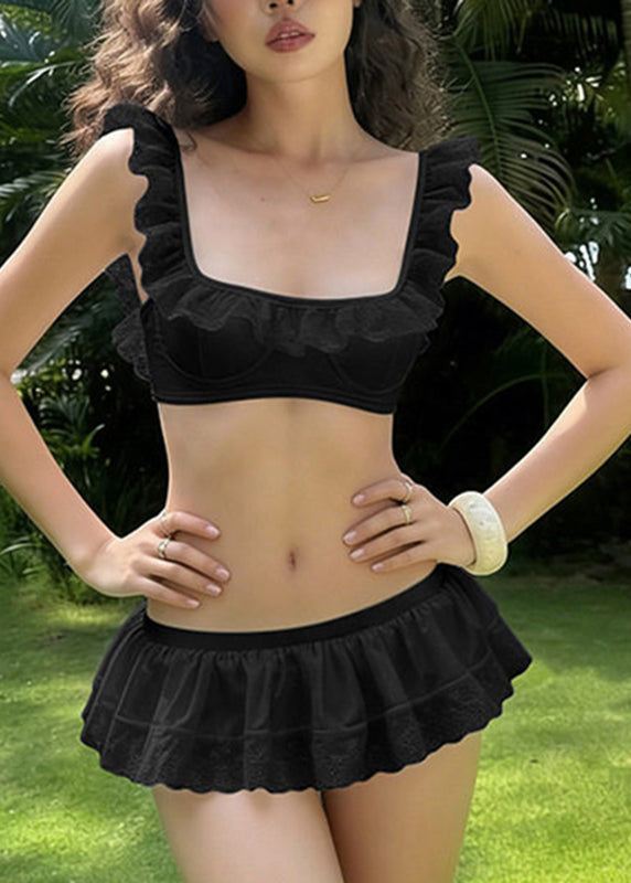 Black Elastic Waist Solid Swimwear Lingerie Set