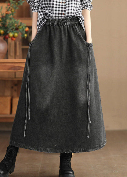 Black Elastic Waist Tie Waist Solid A Line Skirt