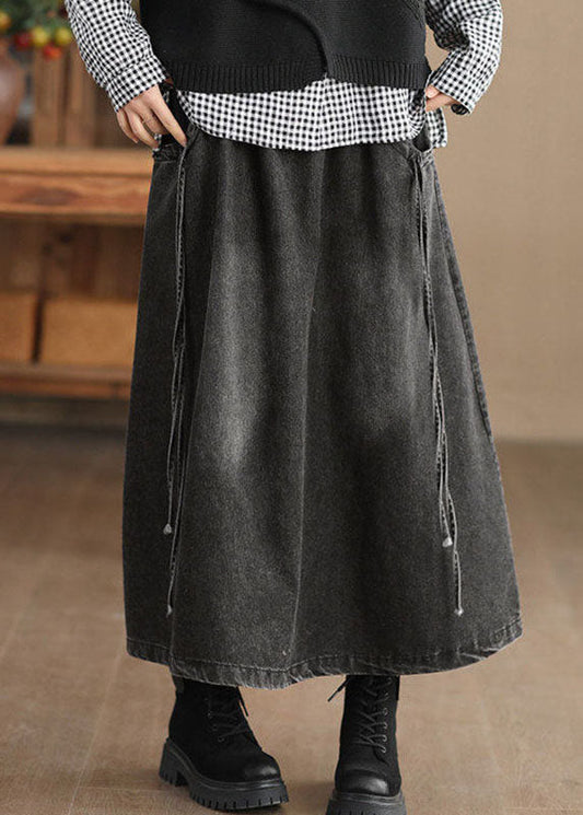 Black Elastic Waist Tie Waist Solid A Line Skirt