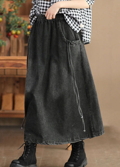 Black Elastic Waist Tie Waist Solid A Line Skirt