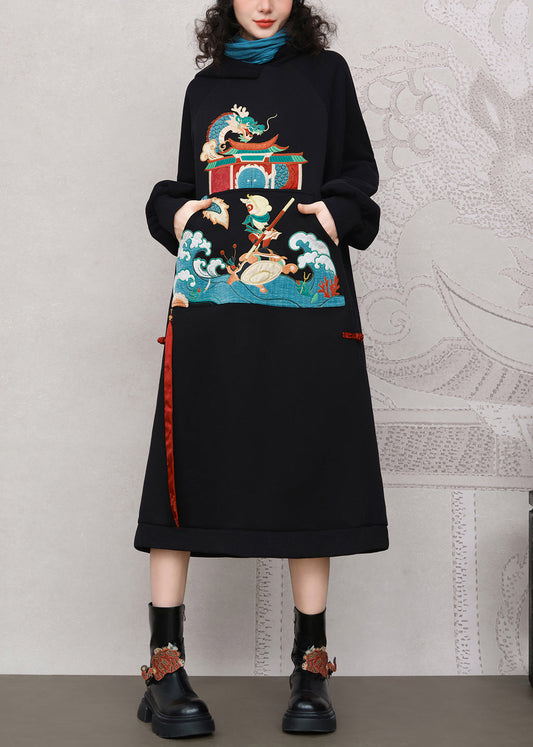 Black Embroidered Pockets Warm Fleece Long Dress Hooded