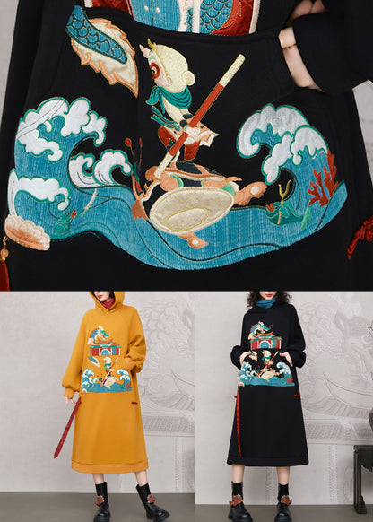 Black Embroidered Pockets Warm Fleece Long Dress Hooded