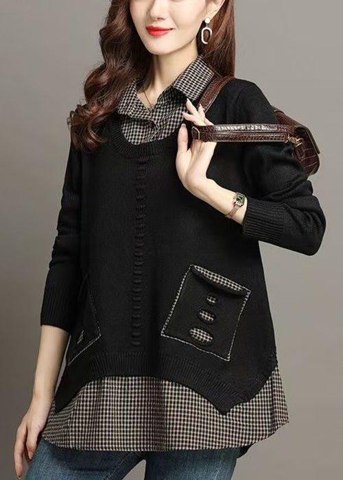 Black False Two Pieces Patchwork Knit Shirts Sweater Hollow Out