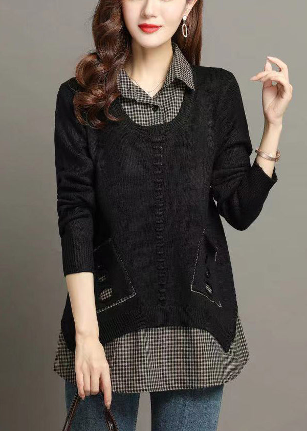 Black False Two Pieces Patchwork Knit Shirts Sweater Hollow Out