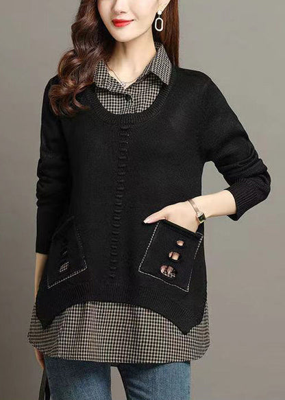Black False Two Pieces Patchwork Knit Shirts Sweater Hollow Out