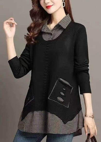 Black False Two Pieces Patchwork Knit Shirts Sweater Hollow Out