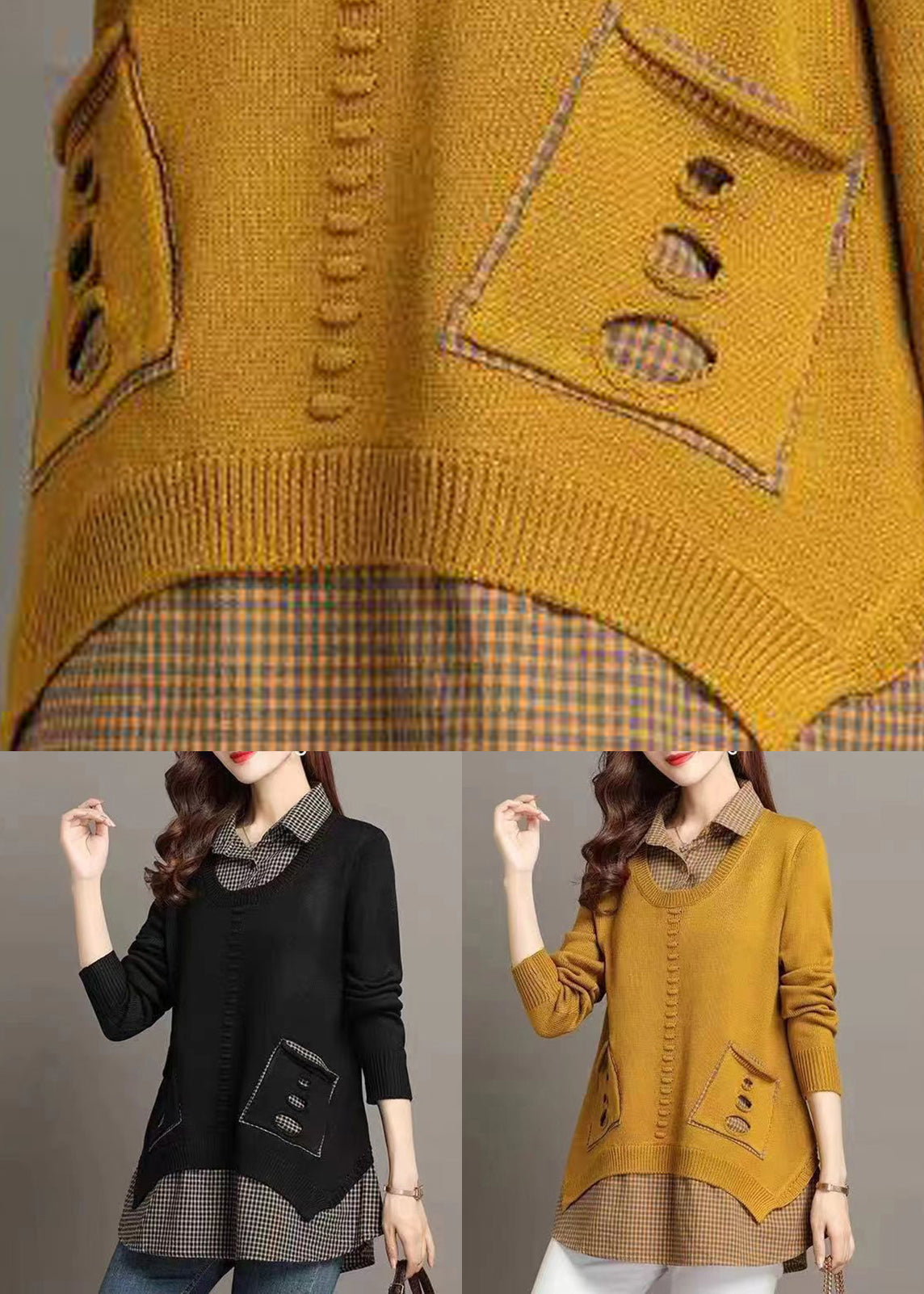 Black False Two Pieces Patchwork Knit Shirts Sweater Hollow Out