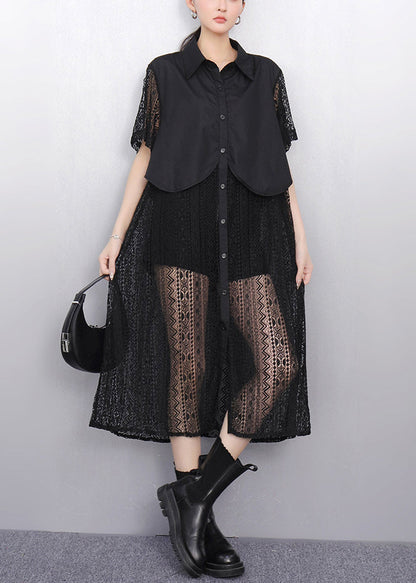 Black False Two Pieces Patchwork Lace Summer Blouses Dress Button
