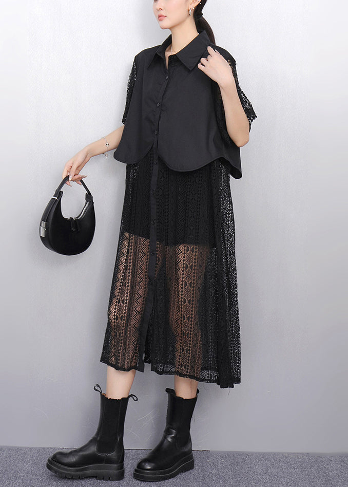 Black False Two Pieces Patchwork Lace Summer Blouses Dress Button