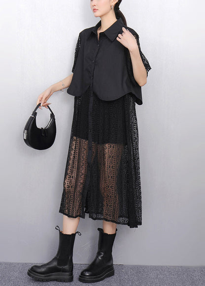 Black False Two Pieces Patchwork Lace Summer Blouses Dress Button