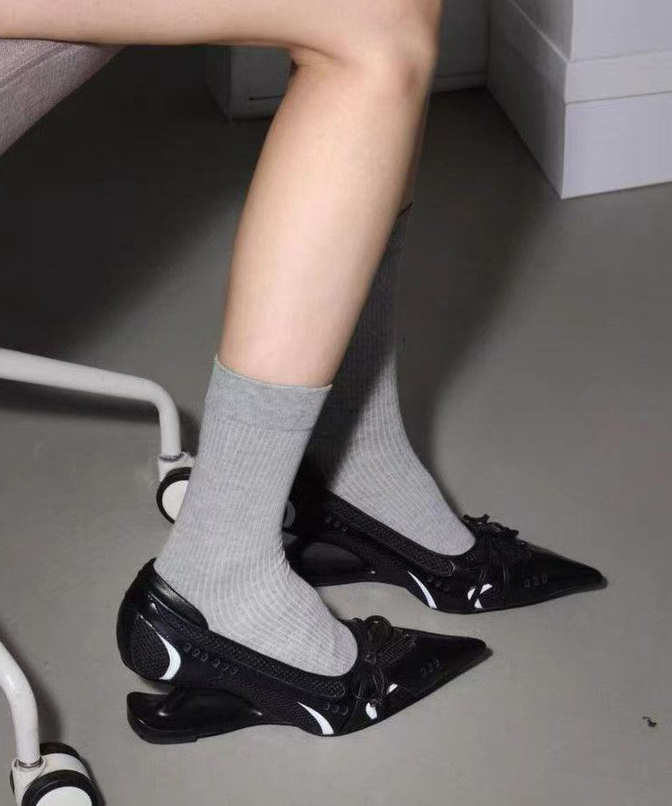 Black Faux Leather Bow Splicing Wedge High Heels Pointed Toe