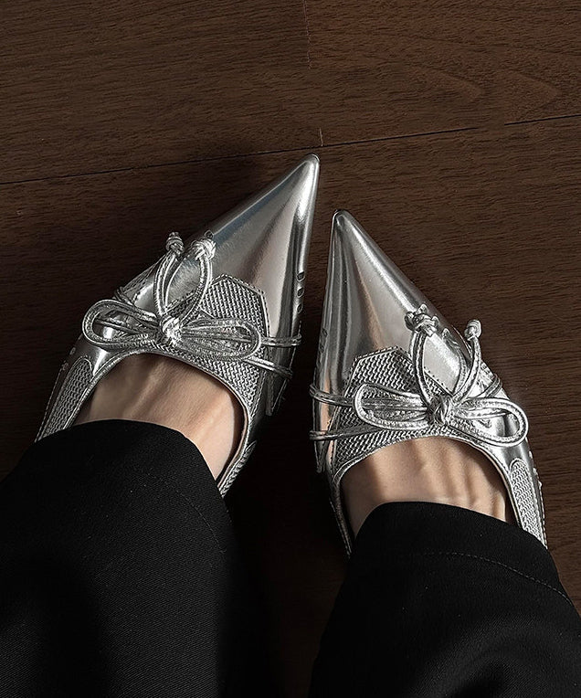 Black Faux Leather Bow Splicing Wedge High Heels Pointed Toe