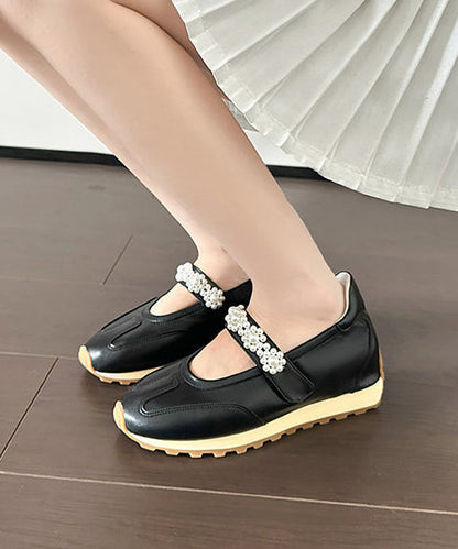 Black Faux Leather Buckle Strap Nail Bead Splicing Wedge Heels Shoes