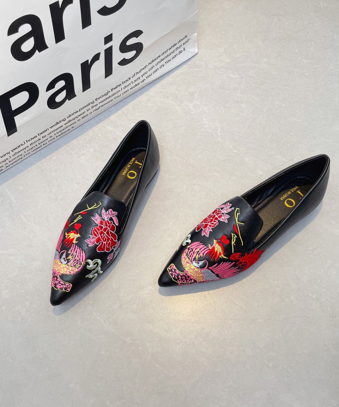 Black Faux Leather Embroidered Flat Shoes Pointed Toe For Women