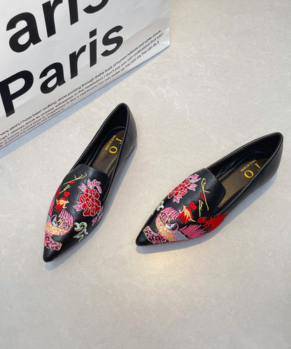 Black Faux Leather Embroidered Flat Shoes Pointed Toe For Women
