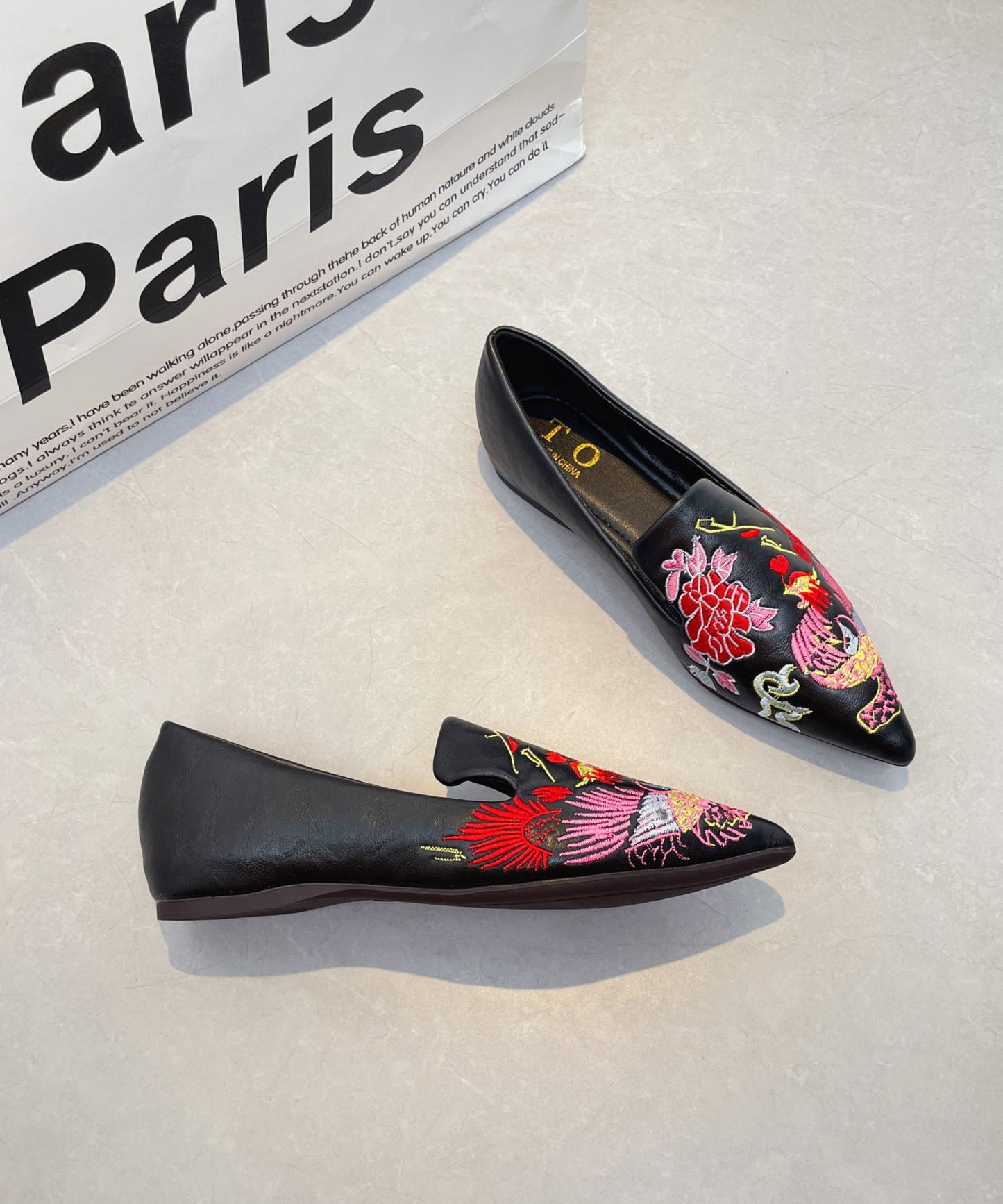 Black Faux Leather Embroidered Flat Shoes Pointed Toe For Women