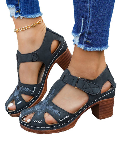 Black Faux Leather Splicing Chunky Heel Sandals Embossed