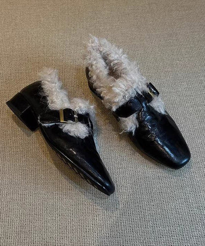 Black Faux Leather Splicing Chunky Loafer Shoes Fuzzy Wool Lined