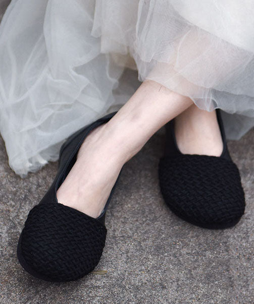 Black Flat Shoes Cowhide Leather Women Flats