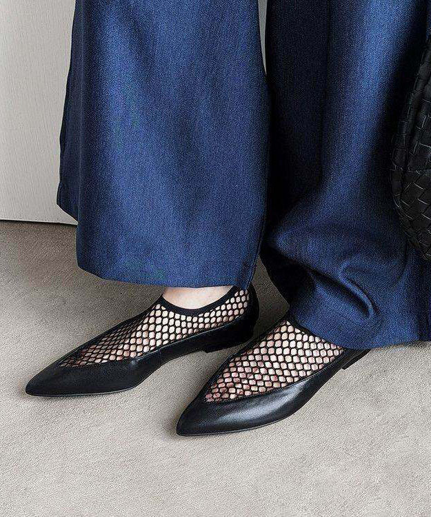 Black Flat Shoes Fashion Tulle Splicing Cowhide Leather Pointed Toe