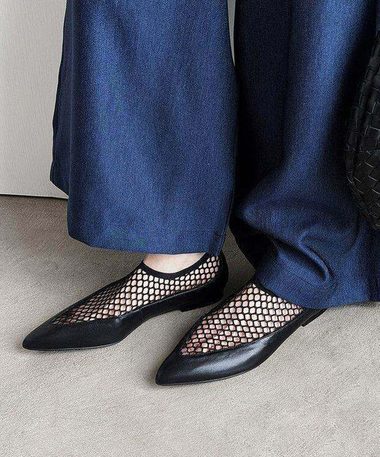 Black Flat Shoes Fashion Tulle Splicing Cowhide Leather Pointed Toe