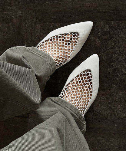 Black Flat Shoes Fashion Tulle Splicing Cowhide Leather Pointed Toe