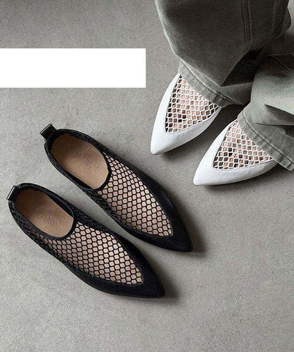 Black Flat Shoes Fashion Tulle Splicing Cowhide Leather Pointed Toe