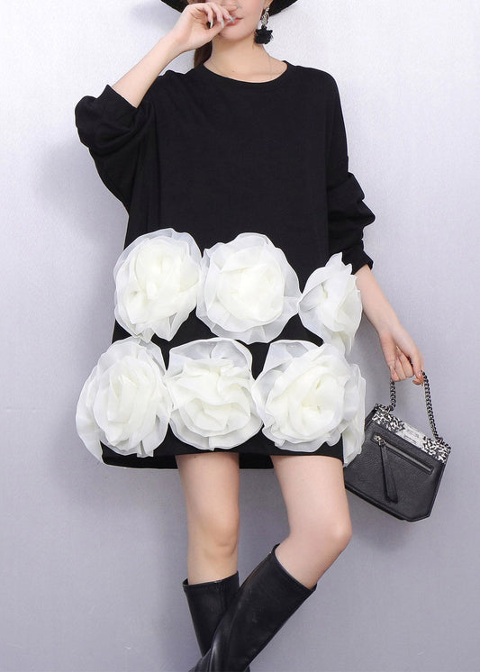 Black Floral Decorated Cotton Mid Dresses Oversized Spring