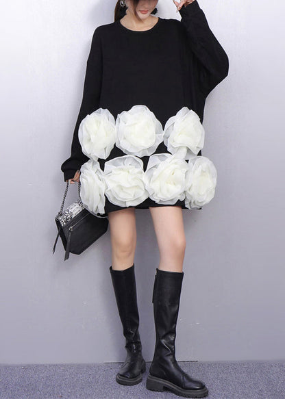 Black Floral Decorated Cotton Mid Dresses Oversized Spring