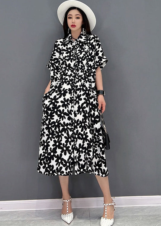 Black Floral Print Cotton Long Dresses Turn-down Collar Short Sleeve