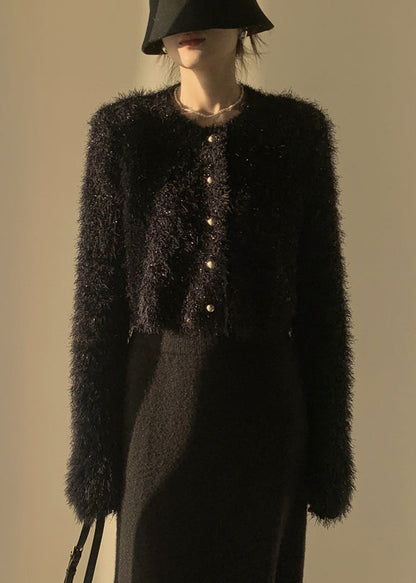 Black Fluffy Solid Knit Cardigan O-Neck Spring