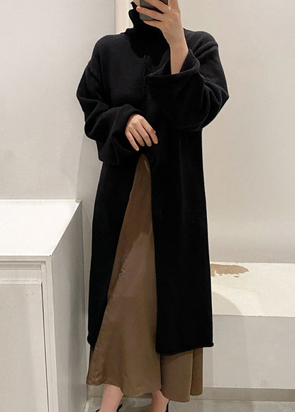 Black Front Open Solid Knit Winter Sweater Dress Turtleneck