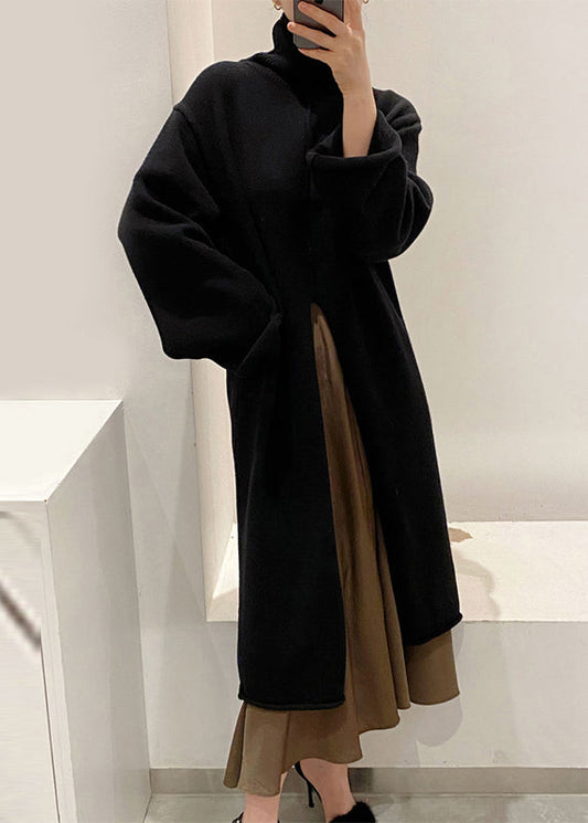 Black Front Open Solid Knit Winter Sweater Dress Turtleneck