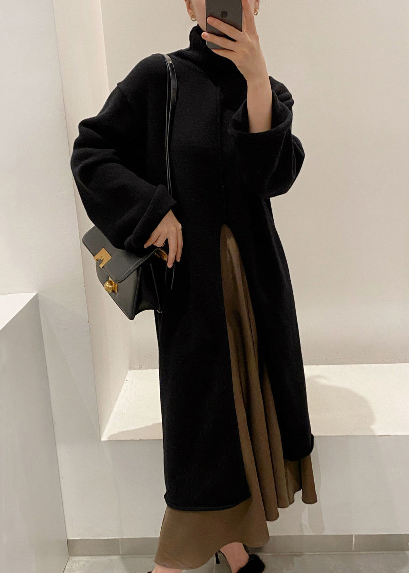 Black Front Open Solid Knit Winter Sweater Dress Turtleneck