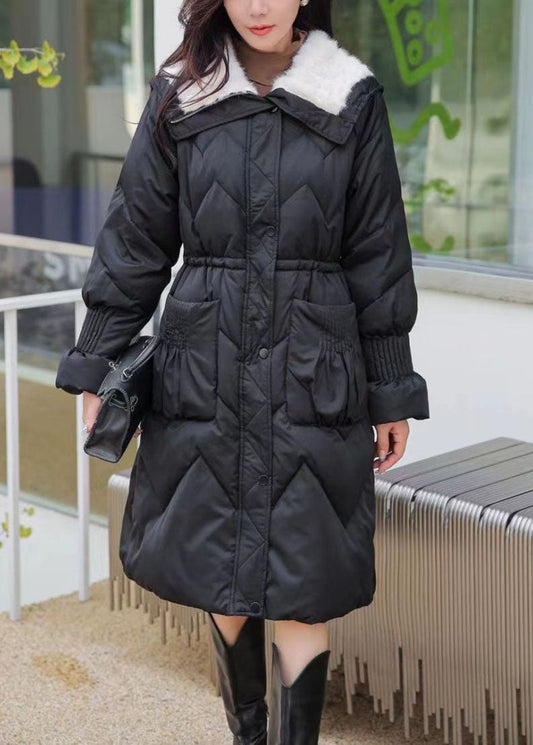 Black Fur Collar Pockets Elastic Waist Maxi Parka Winter