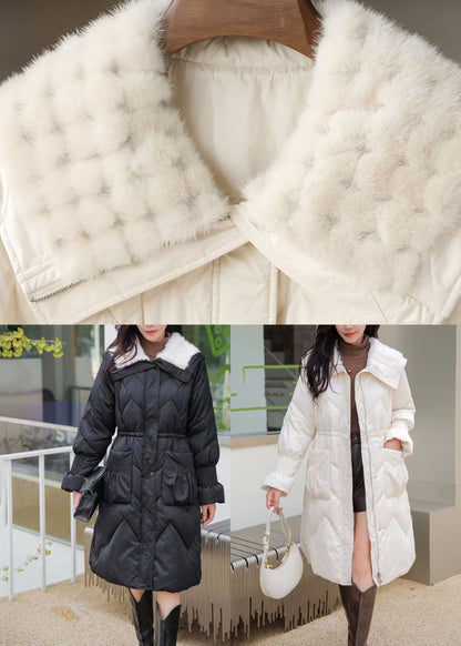 Black Fur Collar Pockets Elastic Waist Maxi Parka Winter