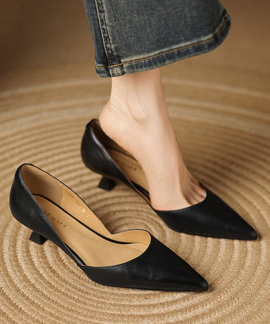 Black High Heels Kitten Cowhide Leather Handmade Pointed Toe High Heels