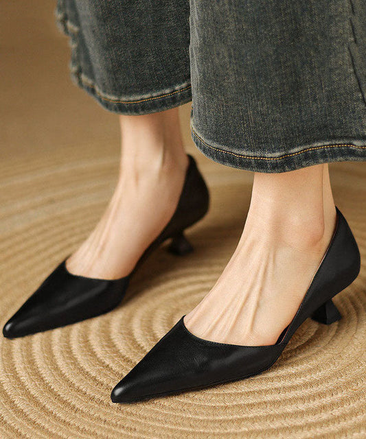 Black High Heels Kitten Cowhide Leather Handmade Pointed Toe High Heels