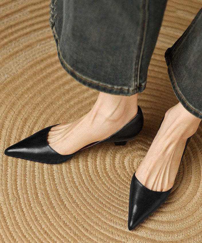Black High Heels Kitten Cowhide Leather Handmade Pointed Toe High Heels