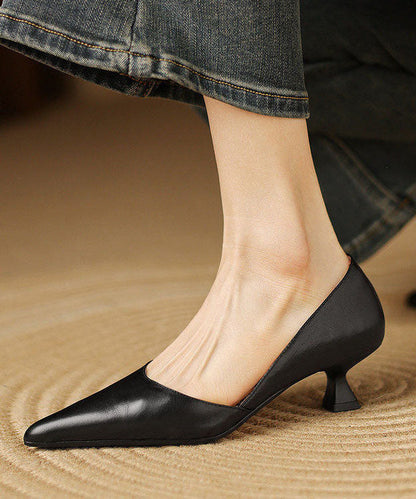 Black High Heels Kitten Cowhide Leather Handmade Pointed Toe High Heels