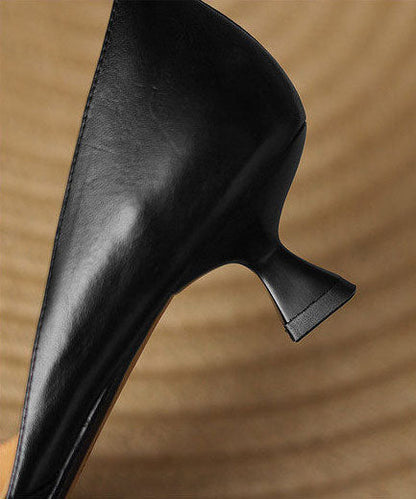 Black High Heels Kitten Cowhide Leather Handmade Pointed Toe High Heels