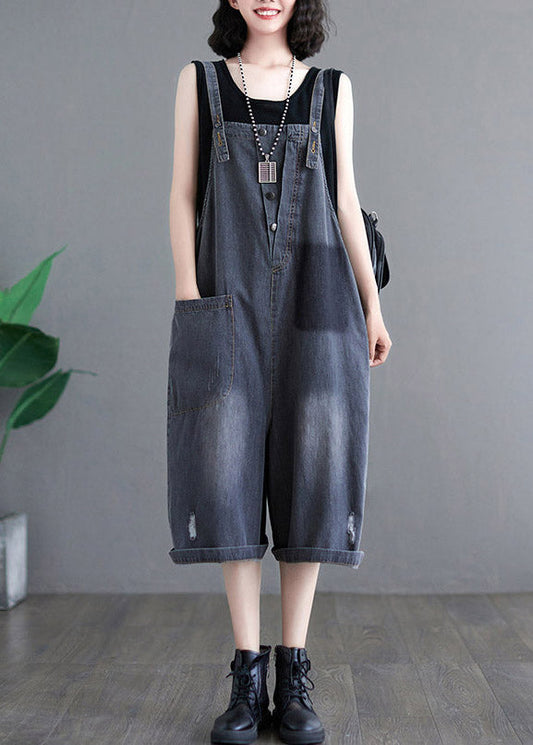 Black High Waist Denim Jumpsuit Sleeveless