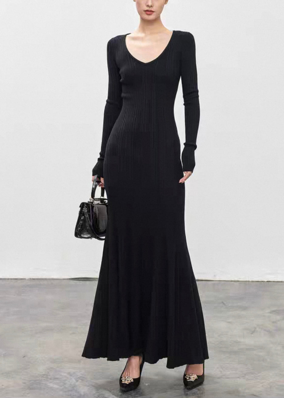 Black High Waist Knit Fall Fishtail Dresses V Neck