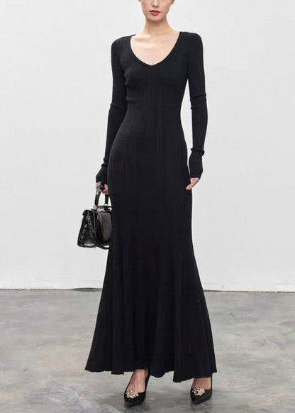 Black High Waist Knit Fall Fishtail Dresses V Neck