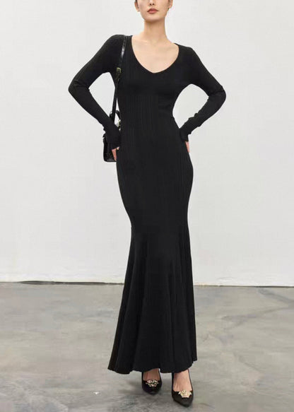 Black High Waist Knit Fall Fishtail Dresses V Neck