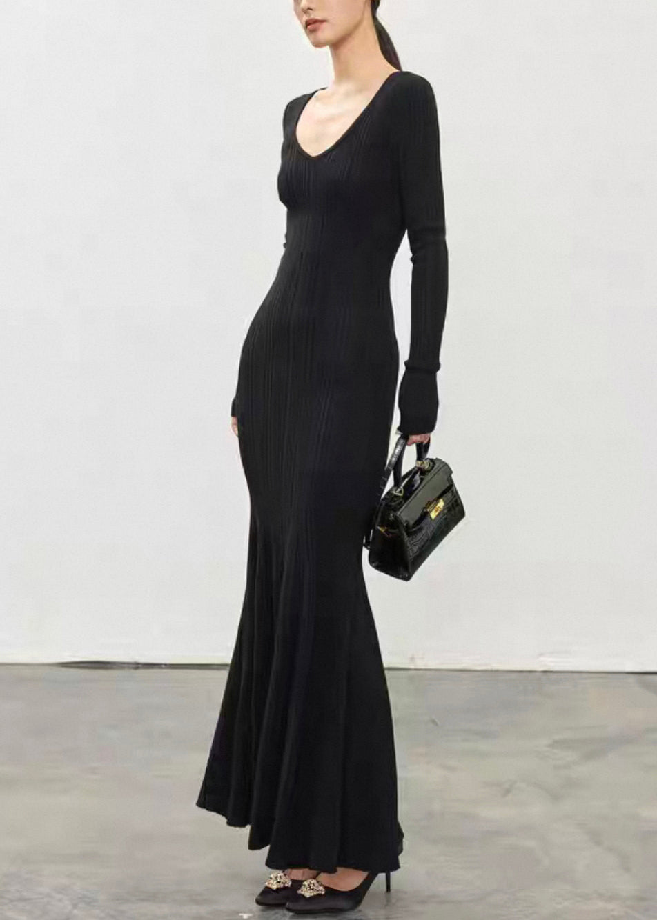 Black High Waist Knit Fall Fishtail Dresses V Neck